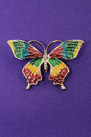 Kelebek broş. Taşlı tasarım broş. Gold renk kelebek broş. Yaka iğnesi broş. Kadın broş. Broş.