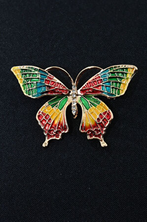 Kelebek broş. Taşlı tasarım broş. Gold renk kelebek broş. Yaka iğnesi broş. Kadın broş. Broş.