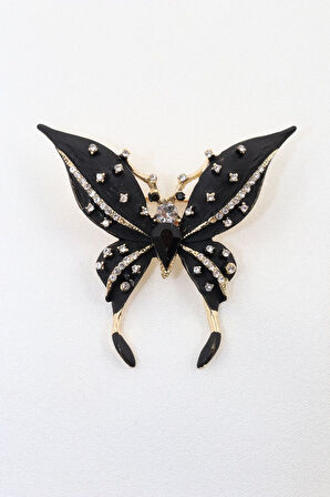 Kelebek broş. Taşlı tasarım broş. Siyah kelebek broş. Yaka iğnesi broş. Kadın broş. Broş.