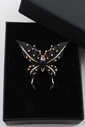 Kelebek broş. Taşlı tasarım broş. Siyah kelebek broş. Yaka iğnesi broş. Kadın broş. Broş.