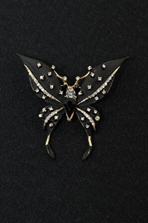 Kelebek broş. Taşlı tasarım broş. Siyah kelebek broş. Yaka iğnesi broş. Kadın broş. Broş.