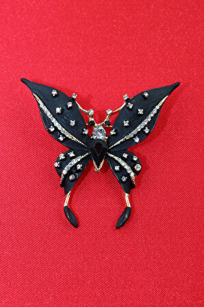 Kelebek broş. Taşlı tasarım broş. Siyah kelebek broş. Yaka iğnesi broş. Kadın broş. Broş.
