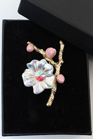 Çiçekli Erik Dalı Broş. Erik Çiçeği Broş. Yaka Iğnesi Broş. Erkek Kadın Broş. Taşlı Broş, Gold Broş.