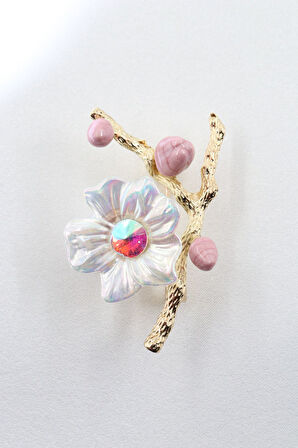 Çiçekli Erik Dalı Broş. Erik Çiçeği Broş. Yaka Iğnesi Broş. Erkek Kadın Broş. Taşlı Broş, Gold Broş.