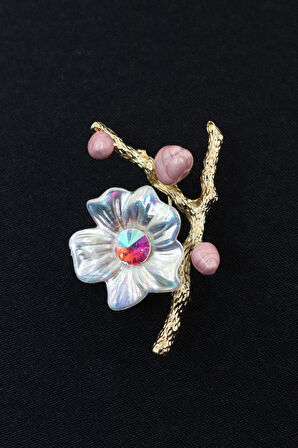 Çiçekli Erik Dalı Broş. Erik Çiçeği Broş. Yaka Iğnesi Broş. Erkek Kadın Broş. Taşlı Broş, Gold Broş.