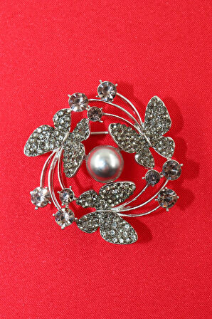 İncili Üçlü Kelebek Broş. Taşlı Broş. Yaka Iğnesi Broş. Kadın Broş. Kelebek Broş. Renk Gümüş Broş.