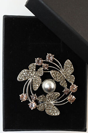 İncili Üçlü Kelebek Broş. Taşlı Broş. Yaka Iğnesi Broş. Kadın Broş. Kelebek Broş. Renk Gümüş Broş.