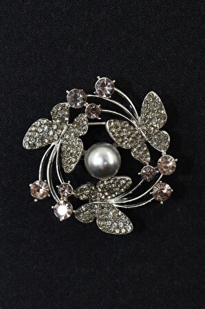 İncili Üçlü Kelebek Broş. Taşlı Broş. Yaka Iğnesi Broş. Kadın Broş. Kelebek Broş. Renk Gümüş Broş.