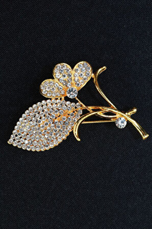 Gold Taşlı Yaprak Broş. Çiçek Broş. Taşlı Broş. Yaka Iğnesi Broş. Kadın Broş. Gold Broş.