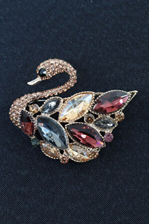 Kuğu broş. Yaka iğnesi broş. Taşlı tasarım kuğu broş. Kadın broş. Broş