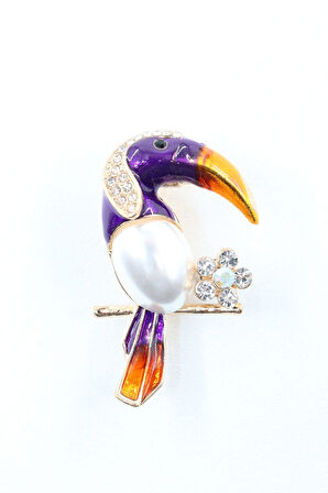Tukan kuşu broş. Taşlı tasarım incili tukan kuşu broş. Yaka iğnesi broş. Kadın broş. Broş.