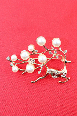 Gold geyik broş. Taşlı tasarım incili geyik broş. Yaka iğnesi broş. Kadın broş. Broş. Geyik broş.