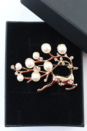 Gold geyik broş. Taşlı tasarım incili geyik broş. Yaka iğnesi broş. Kadın broş. Broş. Geyik broş.