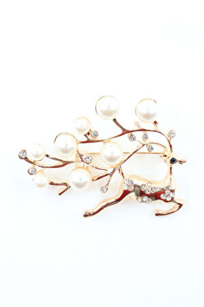 Gold geyik broş. Taşlı tasarım incili geyik broş. Yaka iğnesi broş. Kadın broş. Broş. Geyik broş.