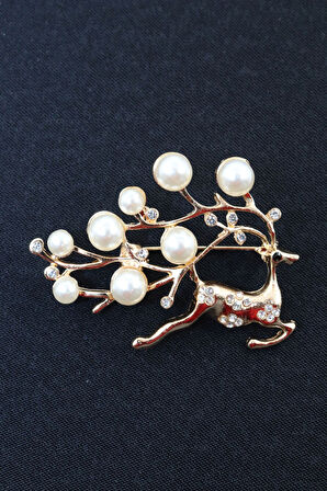 Gold geyik broş. Taşlı tasarım incili geyik broş. Yaka iğnesi broş. Kadın broş. Broş. Geyik broş.