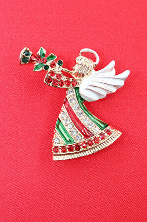 Noel meleği broş. Taşlı tasarım noel melekli broş. Yaka iğnesi broş. Kadın broş. Broş.