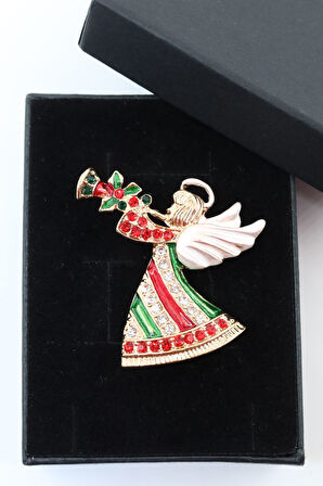 Noel meleği broş. Taşlı tasarım noel melekli broş. Yaka iğnesi broş. Kadın broş. Broş.