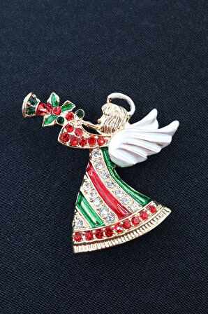 Noel meleği broş. Taşlı tasarım noel melekli broş. Yaka iğnesi broş. Kadın broş. Broş.