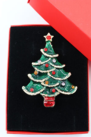 Noel ağacı broş. Taşlı tasarım yılbaşı ağacı broş. Yaka iğnesi broş. Kadın broş. Broş.