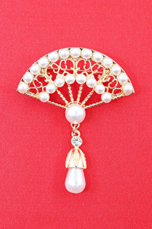 Yelpaze broş. Gold incili yelpaze broş. Yaka iğnesi broş. Kadın broş. Broş.