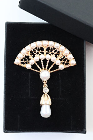 Yelpaze broş. Gold incili yelpaze broş. Yaka iğnesi broş. Kadın broş. Broş.