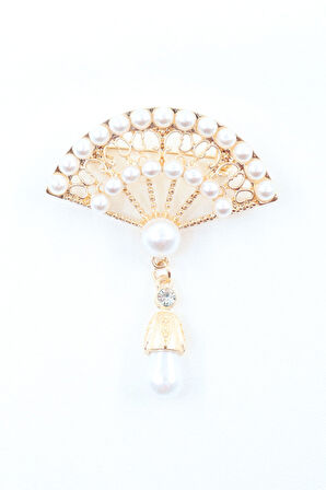 Yelpaze broş. Gold incili yelpaze broş. Yaka iğnesi broş. Kadın broş. Broş.