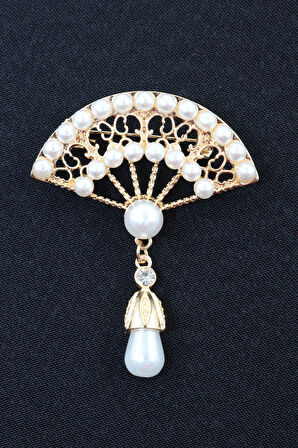 Yelpaze broş. Gold incili yelpaze broş. Yaka iğnesi broş. Kadın broş. Broş.