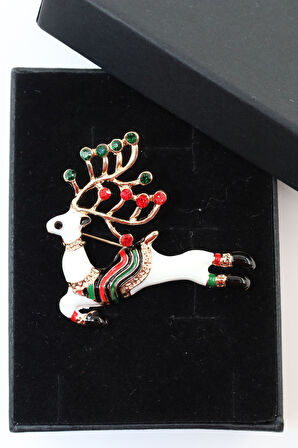 Noel baba geyiği broş. Taşlı tasarım ren geyik broş. Yaka iğnesi broş. Kadın broş. Broş.