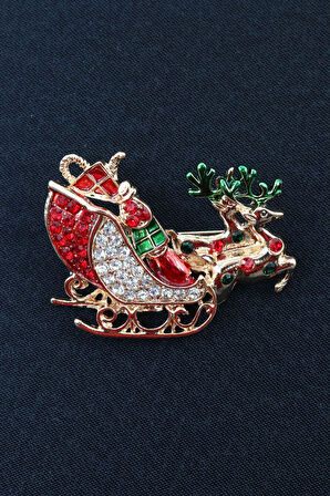 Noel baba kızağı broş. Taşlı geyikli noel baba  kızağı broş. Yaka iğnesi broş. Kadın broş. Broş.