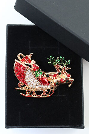 Noel baba kızağı broş. Taşlı geyikli noel baba  kızağı broş. Yaka iğnesi broş. Kadın broş. Broş.