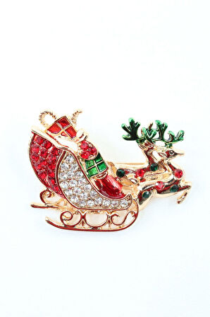 Noel baba kızağı broş. Taşlı geyikli noel baba  kızağı broş. Yaka iğnesi broş. Kadın broş. Broş.
