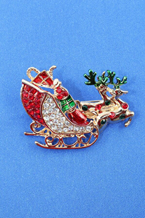 Noel baba kızağı broş. Taşlı geyikli noel baba  kızağı broş. Yaka iğnesi broş. Kadın broş. Broş.