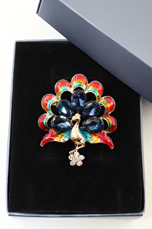 Tavus kuşu broş. Taşlı tasarım tavus kuşu broş. Yaka iğnesi broş. Kuş broş. Kadın broş. Broş.