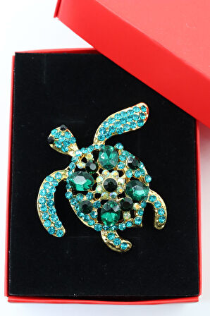 Caretta caretta broş. Zümrüt taşlı caretta broş. Yaka iğnesi broş. Kadın broş. Broş. Caretta broş.