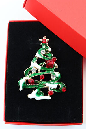 Noel ağacı broş. Taşlı yılbaşı ağacı broş. Yaka iğnesi broş. Çam ağacı broş. Kadın broş. Broş.