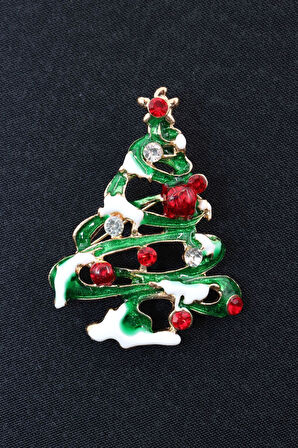 Noel ağacı broş. Taşlı yılbaşı ağacı broş. Yaka iğnesi broş. Çam ağacı broş. Kadın broş. Broş.