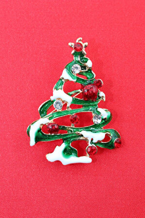 Noel ağacı broş. Taşlı yılbaşı ağacı broş. Yaka iğnesi broş. Çam ağacı broş. Kadın broş. Broş.