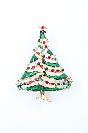 Yılbaşı ağacı broş. Taşlı noel ağacı broş. Yaka iğnesi broş. Çam ağacı broş. Kadın broş. Broş.