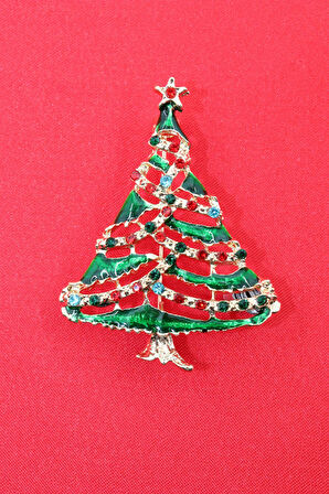 Yılbaşı ağacı broş. Taşlı noel ağacı broş. Yaka iğnesi broş. Çam ağacı broş. Kadın broş. Broş.