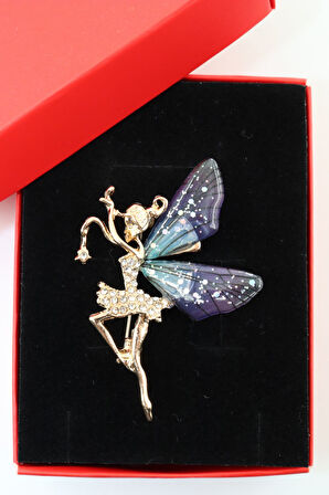 Peri kızı broş. Taşlı tasarım broş. Gold renk peri kızı broş. Yaka iğnesi broş. Kadın broş. Broş.