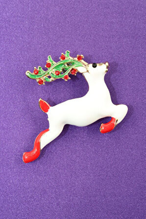 Noel geyiği broş. Taşlı tasarım ren geyiği broş. Yaka iğnesi broş. Geyik broş. Kadın broş. Broş.