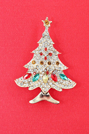 Gold noel ağacı broş. Taşlı yılbaşı ağacı broş. Yaka iğnesi broş. Çam ağacı broş. Kadın broş. Broş.