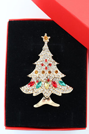 Gold noel ağacı broş. Taşlı yılbaşı ağacı broş. Yaka iğnesi broş. Çam ağacı broş. Kadın broş. Broş.
