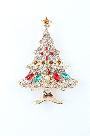Gold noel ağacı broş. Taşlı yılbaşı ağacı broş. Yaka iğnesi broş. Çam ağacı broş. Kadın broş. Broş.