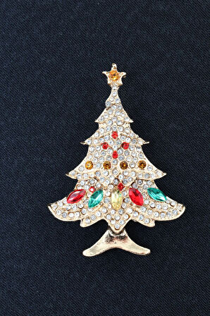 Gold noel ağacı broş. Taşlı yılbaşı ağacı broş. Yaka iğnesi broş. Çam ağacı broş. Kadın broş. Broş.