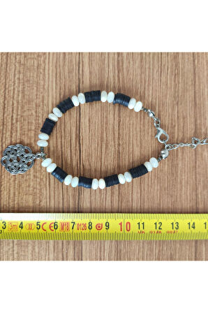 Kelt Düğümü Figürlü Siyah–Beyaz Heishi Boncuk Kolye