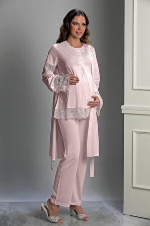 Pudra Özel Tasarım Hamile ve Lohusa Pijama Takım 3'lü Set - M