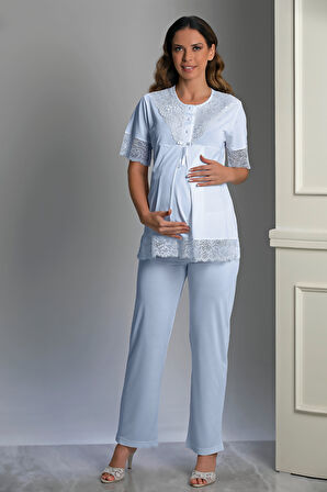 Mavi Özel Tasarım Hamile ve Lohusa Pijama Takım 3'lü Set - 2XL