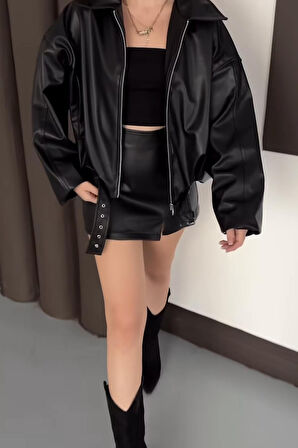 Prifaldi Pb Oversiz Kemerli Bomber Siyah Deri Ceket 