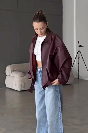 Prifaldi Pb Oversiz Kemerli Bomber Bordo Deri Ceket 